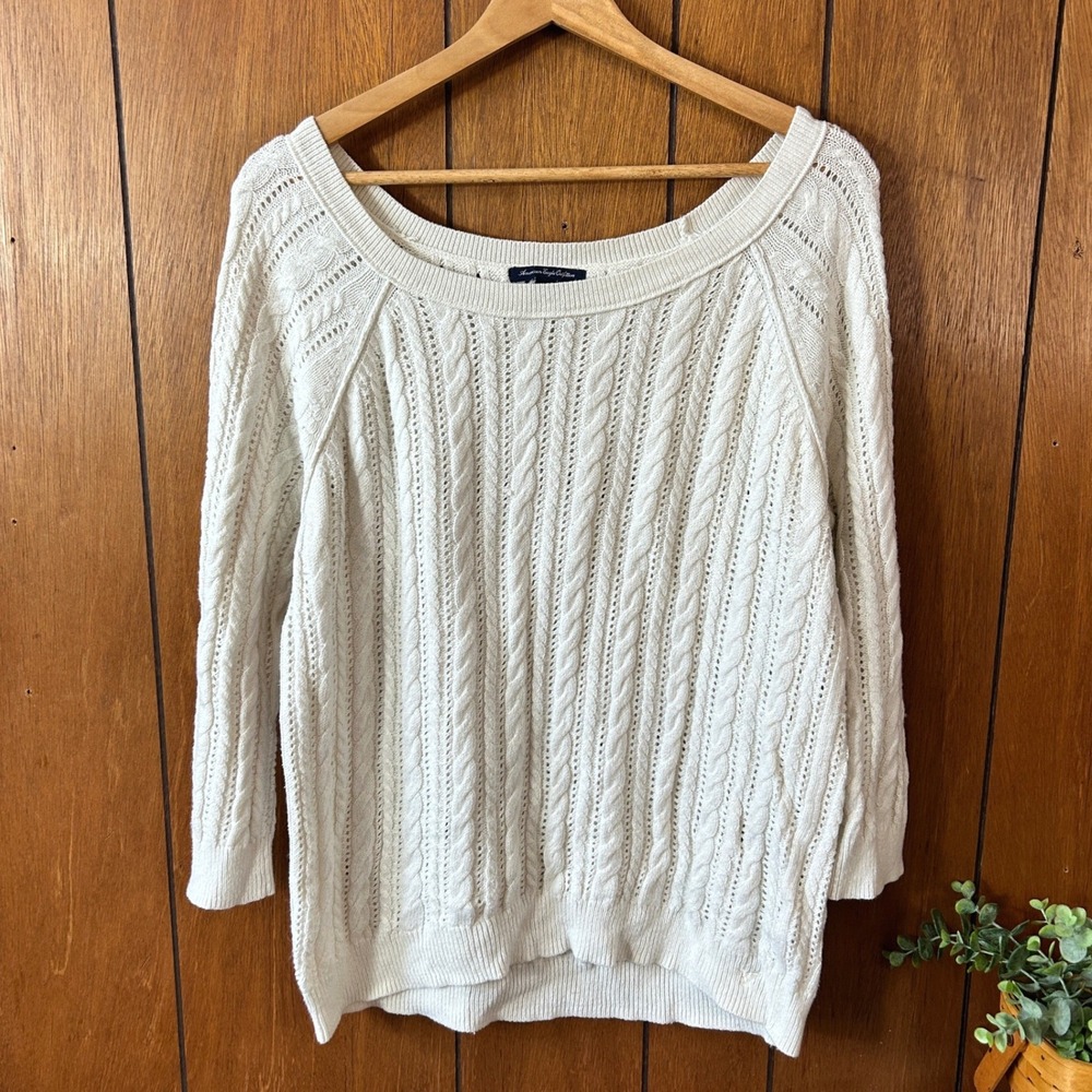 Vintage‎ American Eagle Outfitters Cream Cable Knit Sweater Boat Neck y2k